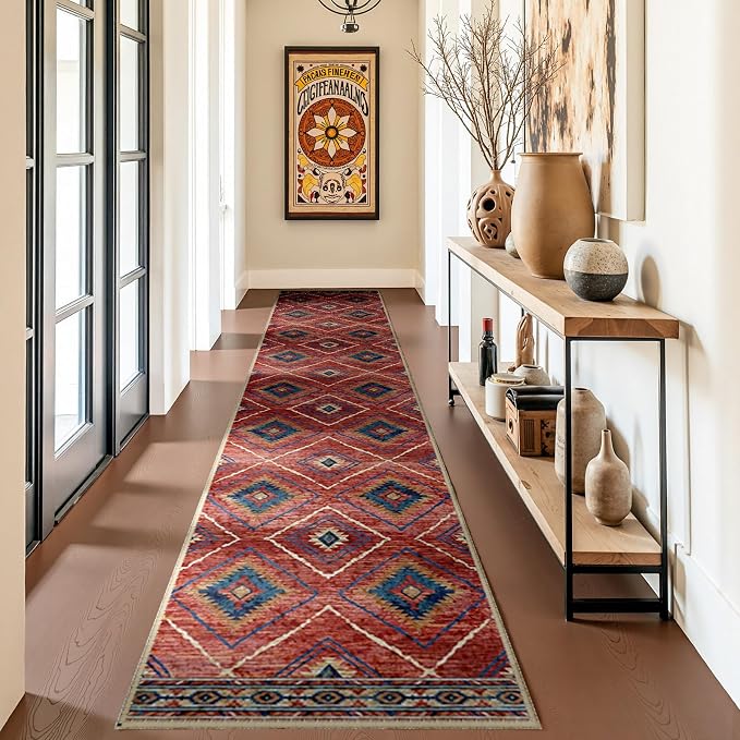 2'x8' Washable Area Rug for Living Room Runner Red/Orange | Soft Western No Slip Low Pile Print Foldable Indoor Small Rug for Kitchen entrance entryway hallway