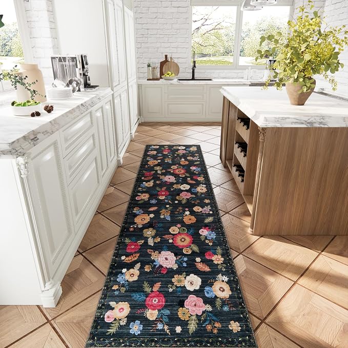 Machine Washable Rug Runners for Hallways: 2x10 Kitchen Rugs Non Slip Low Pile Soft Faux Wool Distressed Vintage Lightweight Floral Runner Rug for Entryway Bedroom Foyer Home Office Farmhouse Indoor