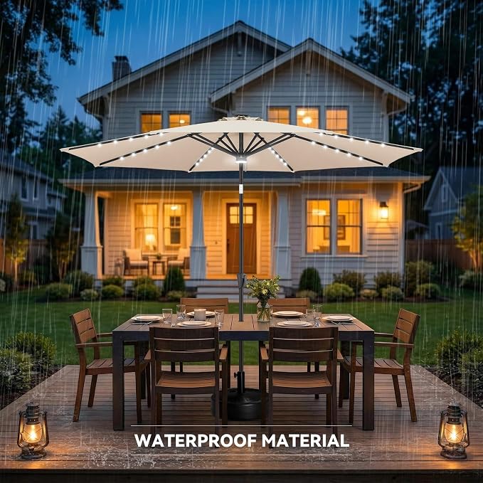 10ft Solar Umbrella Outdoor - Lighted Solar Patio Umbrella with 40 LED Lights Waterproof UV Protection, Table Umbrella with Tilt for Pool, Porch, Garden, Deck, Backyard (Beige)