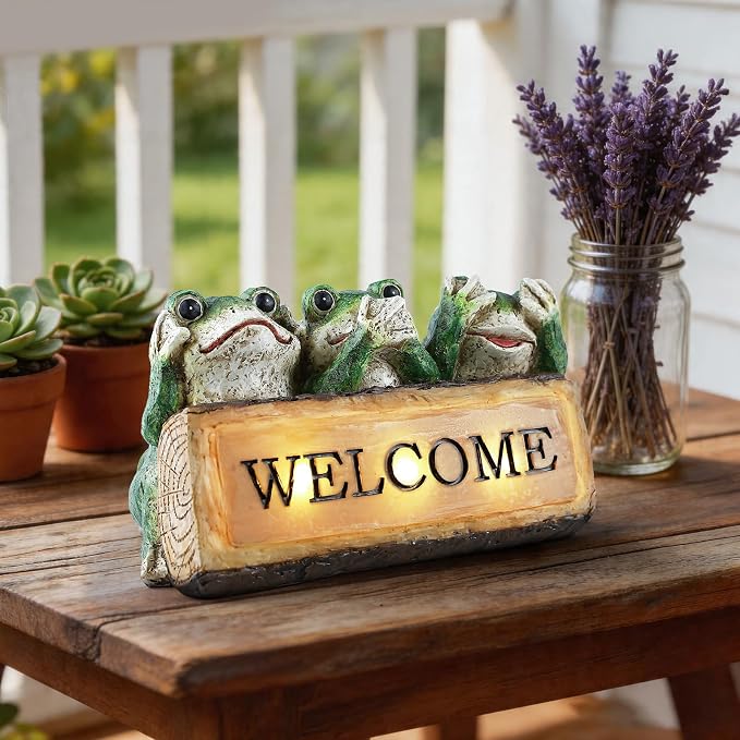 10.43"W Miniature Frog Solar Garden Statue, Three Wise Frogs Resin Lighted Welcome Sign, Outdoor Fairy Garden Accessories, Housewarming Gift for Patio, Yard, Porch, Entryway, Balcony, Lawn Ornament