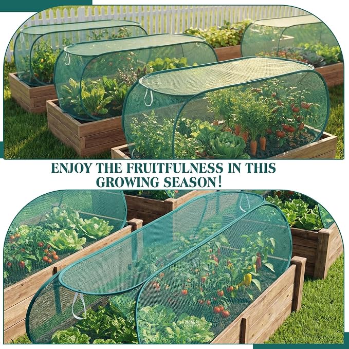 Threehoney 4 Pcs 35'' x 14'' x 16'' Pop up Garden Mesh Plant Cover Outdoor Plant Protector Garden Row Raised Bed Cover with Ground Nails Crop Cage Net for Seedlings Vegetable Fruit Herbs (Dark Green)
