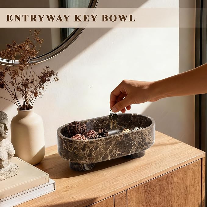 LIN CHUAN Natural Oval Marble Fruit Bowl for Kitchen Counter | Two-Legged Decorative Pedestal Bowl for Dining Table Decor, 10" Luxury Entryway Catchall Purse Bowl - Dark Brown