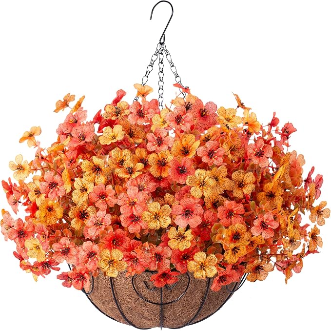 HyeFlora Artificial Flowers with Hanging Basket Planter for Home Decoration, Daisy with Eucalyptus Leaves Outdoor Indoor Garden Yard, Metal Coconut Lining Basket with Faux Plant (Fall-OrangeYellow)