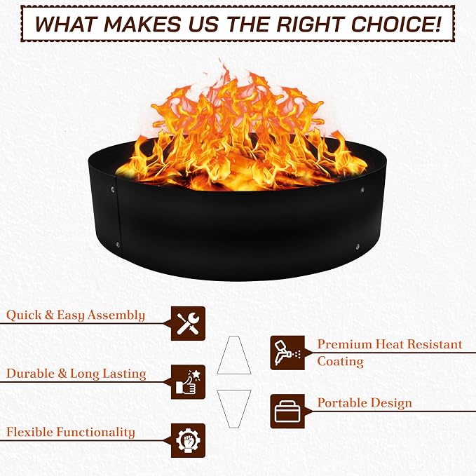 FEBTECH - 48" Portable Firepit Ring Liner - 2MM Carbon Steel DIY Fire Ring for Outdoor Fire Pits - Above-Ground or In-Ground Fire Ring Insert for Backyard Bonfires, Camping, and Outdoor Gatherings
