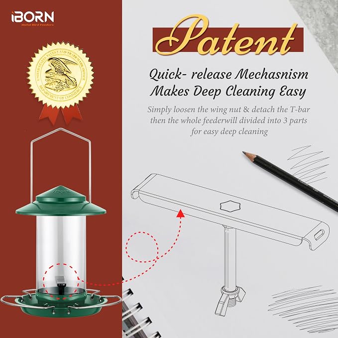 iBorn Bird Feeder Metal Squirrel Chew-Proof Bird Feeders for Outdoors Hanging for Cardinal Outside, Holds 1.32LB Seed with 3 Perchs, Green (Seed is not Included)