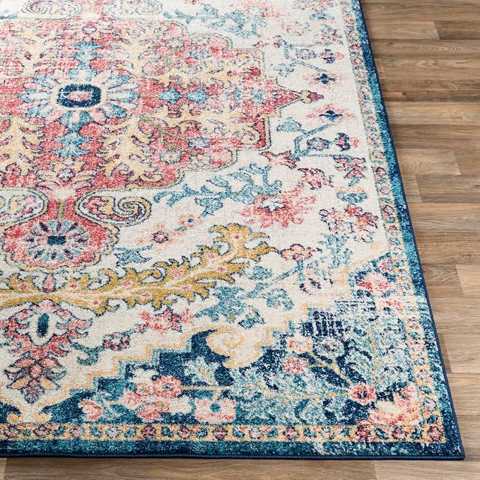 Livabliss Area Rugs - 8x10 Odelia Vintage Boho Aqua Burgandy Blue Area Rug for Living Room Bedroom - Floral Medallion Stain Resistant Carpet for Kitchen, Nursery, Office (7'10" x 10')