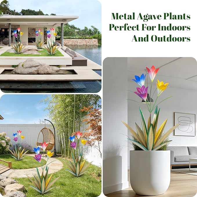 TOMBABY 32.28 Inch Metal Agave Plant Outdoor Decoration Lily Mexican Yard Art Garden Gift Home Decor Hand Painted Metal Agave Garden Yard Statue (2pc, Grass Green)