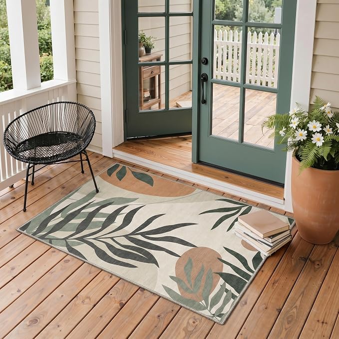 GENIMO Outdoor & Indoor Area Rug 3'x5', Waterproof, Non-Shedding, Easy Cleaning, Leaf Mat for Patio, Living Room, Balcony, Dining Room, RV, Deck, Bedroom, Camping, Outside Carpet, Beige Grey