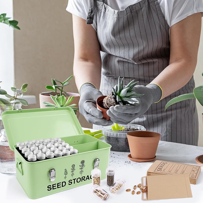 60 Slots Seed Storage Organizer, Metal Seed Saving Box with Lid and Safety Locks, Seeds Storage Container with 60 Seeds Envelopes and 64 Label, 3 Compartments, Perfect for Flower Plants Garden