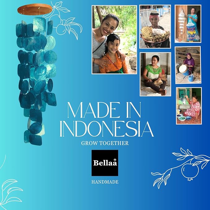 Bellaa 24537 Wind Chimes Outdoor, Garden Decorations, Musical, Indoor/Outside Windchimes, Beach, Ocean Breeze, Gifts for Mom, Gift for All Occasions, Capiz Sea Glass Shells Wood 27 inch White Gold