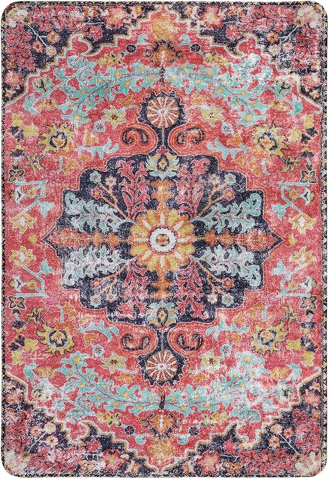 Lahome Bohemian Floral Medallion Area Rug - 2x3 Small Hot Pink Bath Rug Kitchen Sink Mat, Machine Washable Non-Slip Soft Indoor Carpet for Doormat Bedside Apartment Entrance, Fuchsia/Multi