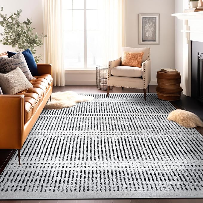 Rugshop Contemporary Stripe Lines High Traffic Area Rug Cream 7'10" x 10' | Rectangular, Size 7'10" x 10', Living Room, Bedroom, Dining Room, Home Office, Kitchen, Entryway, Hallway, Nursery, Kids Room