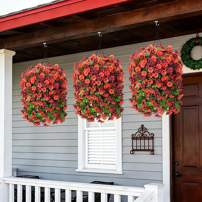 INXUGAO Artificial Flowers with Hanging Basket, Outdoor Faux Plants Silk Morning Glory Vines, Fake Green Arrangement for Garden Patio Spring Summer Decor(4pcs,Orange Brown)