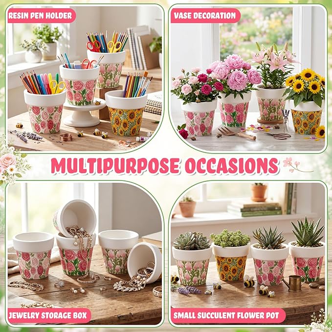 Zubebe 8 Pcs Paint Your Own Ceramic Pots Bulk Unfinished Succulent Pots Craft Kit with Drainage Hole Mini Paintable Plant Vase Ready to Paint Planter for Cactus DIY Craft (Elegant Flowers Tapered)