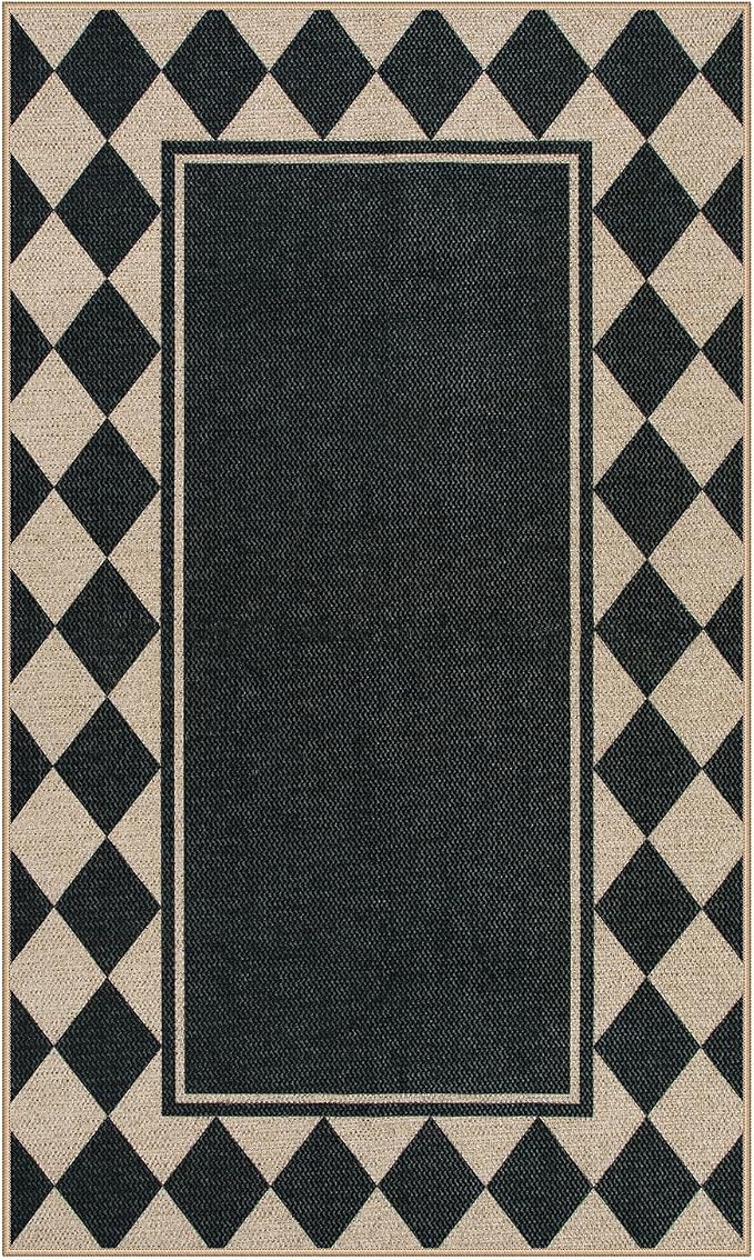 Moynesa Checkered Easy Jute Outdoor Patio Rug 3x5, Washable Indoor Outdoor Rugs for Entryway Non Slip, Farmhouse Carpet for Living Room Bedroom Kitchen Backyard Porches, Black Grid Pattern