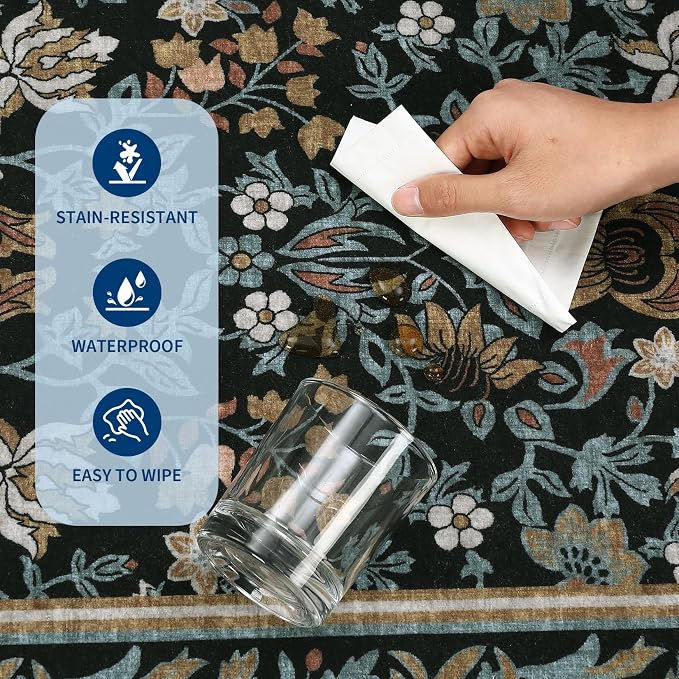 GarveeHome Washable 2x6 Hallway Runner Rug Non Slip Kitchen Rugs Blue Black | Boho Vintage Runner Rugs with Rubber Backing Soft Low-Pile Stain Resistant Indoor Long Carpet for Entryway Bedroom Laundry