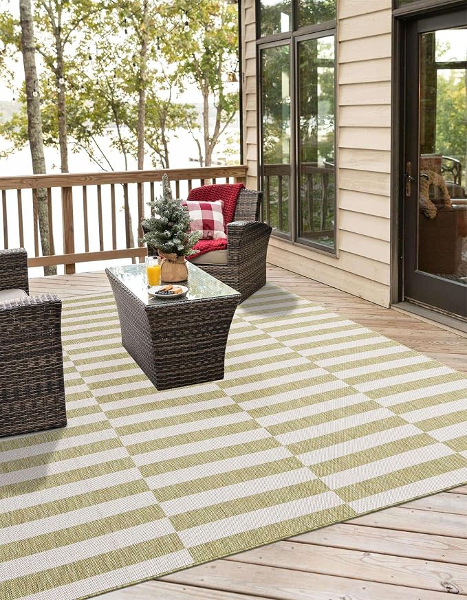 Unique Loom Outdoor Striped Collection Area Rug - Striped (10' Square Green/Ivory)