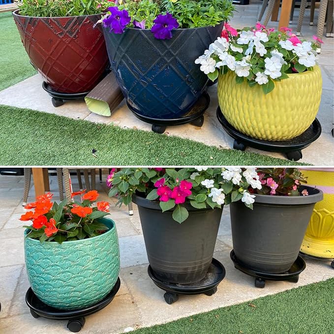 6 Packs Plastic Plant Caddy with Casters 12” Plant Dolly Heavy Duty Rolling Plant Stand with Wheels for Indoor and Outdoor Large Heavy Plant Pot Rollers, Black and Brown