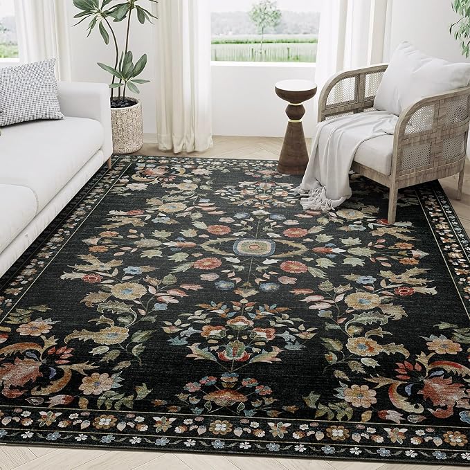 5x7 Area Rugs Washable Floral Rug Non Slip Ultra-Thin Large | Machine Washable Throw Carpet for Living Room Bedroom Office Dining Room Floor Indoor Low Pile Boho Vintage Black