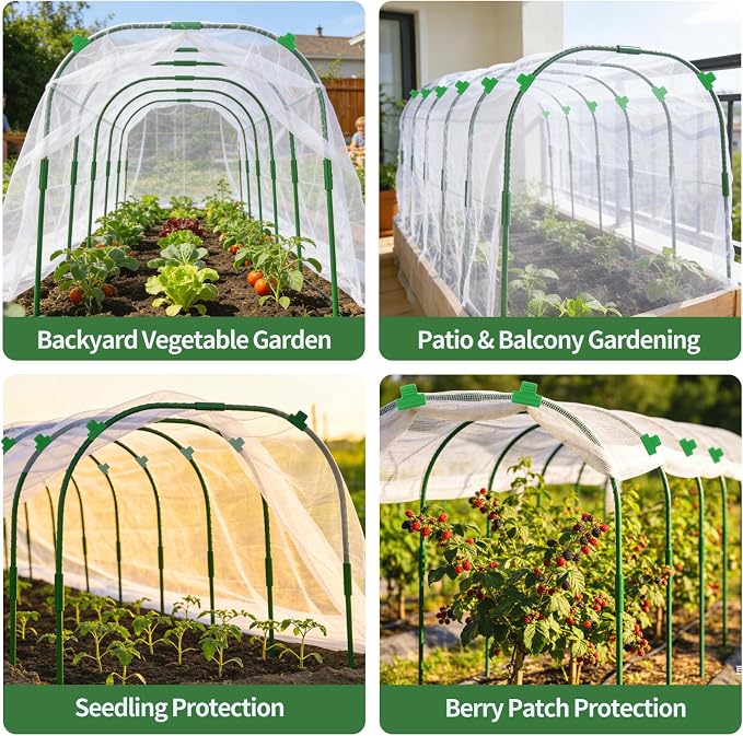 Garden Netting Kit for Raised Bed, 8X20FT Ultra Fine Mesh Netting with 6 Sets Garden Hoops & 18pcs Clips, Reusable Bird Netting for Garden Protection