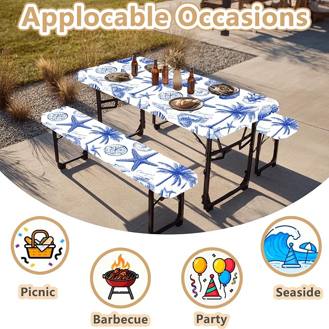 Picnic Table Cover with Bench Covers Elastic Edges, Outdoor Patio Camping Essentials 72 Inch 3PCS, Waterproof Camping Fitted Tablecloth with Handbags (Vintage ocean theme)