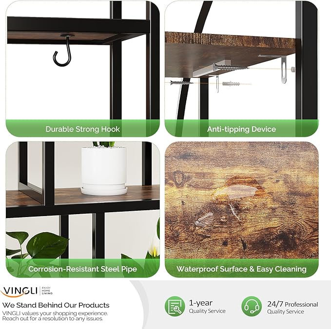 VINGLI Plant Stand with Grow Light, 63" Tall Plant Shelf Indoor with 5 LED Light, Large Tiered Plant Stand for Indoor Growing, Full-Moon Round Metal Display Shelves, Modern Flower Rack for Living Room, Balcony & Office, Black