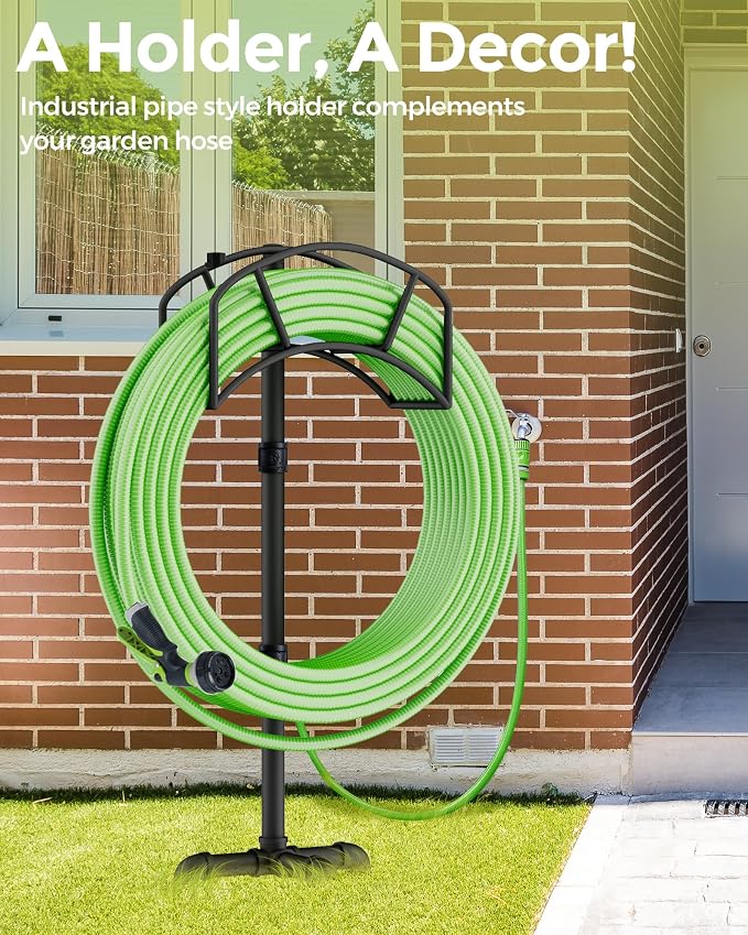 LAND·VOI Freestanding Garden Water Hose Storage Holder Stand for Outside, 160-Ft Hose Heavy Duty Metal Hanger Reel Organizer Outdoor Yard Lawn, Standing Keeper Rack with Ground Stake, Black GHH01BK01