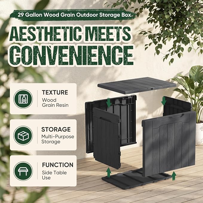 Devoko 29 Gallon Waterproof Outdoor Storage Box Resin Deck Box Lockable and UV Resistant for Patio Furniture, Garden Tools (Gray, 29 Gallon)