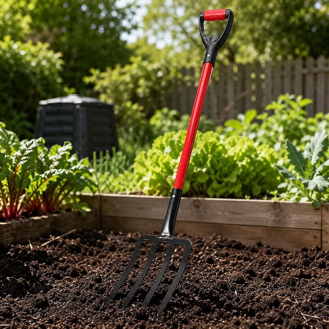Garden Fork, 44-Inch One-Piece 4-Tine Digging Fork with Fiberglass Handle | Forged steel 4-tine fork for compost turning, soil loosening, mulch spreading, and raised bed gardening