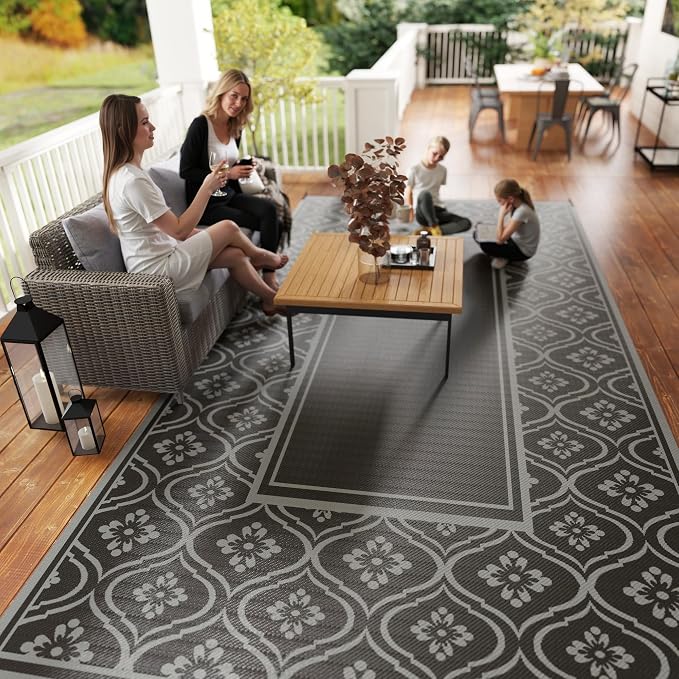 Outsunny Outdoor Rug for Patio, 9' x 18' Waterproof Large Mat, Reversible Plastic Straw Rug for Decor, Portable Outside RV Camping Area Carpet Mat for Backyard Porch Deck Picnic, Black & Gray Gourd
