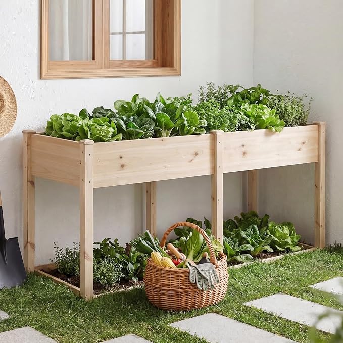 DUMOS Raised Garden Bed 72x23x30 Inch, Outdoor Planter Box with Legs, Elevated Wood Garden Bed with Liner for Herbs Flowers Vegetables, Wooden Planter Box for Patio, Balcony, Backyard, Natural Wood