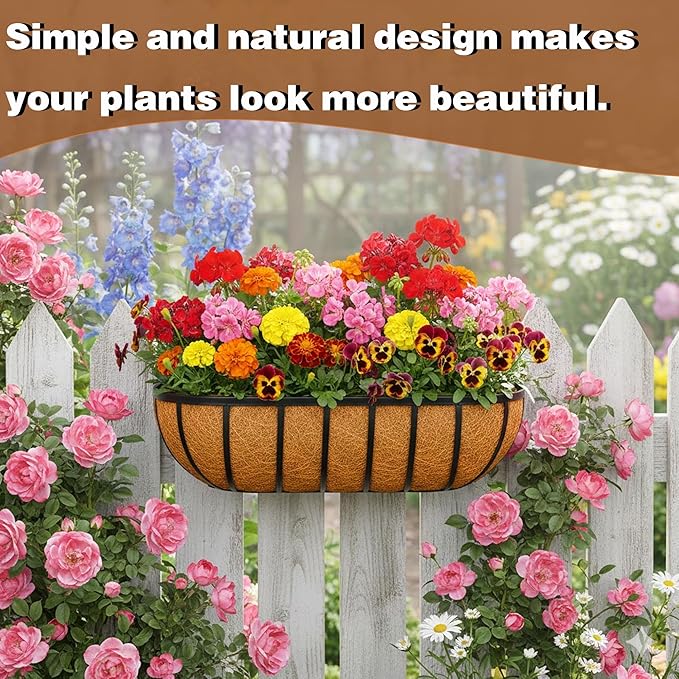 2 Pcs 24“ Railing Planter Window Box Deck Railing Planter Boxes with Coco Liner English Horse Trough Planters Metal Wall-Mounted Planters Basket for Outdoor Balcony Porch Fence Patio Rail