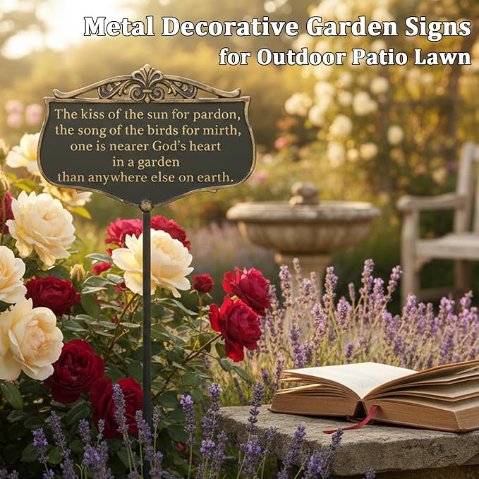 Garden Signs for Outside, "The Kiss of The Sun" Double-Sided Vintage Green Poem Plaque with Stake, Aluminum Outdoor Garden Sign for Patio Yard Lawn Backyard Porch Decor