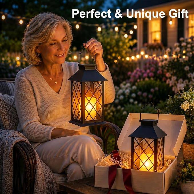 Solar Lanterns Outdoor Waterproof, 2 Pack 14'' Large Tempered Glass Outdoor Lanterns with Flameless Candle, Solar Hanging Lantern Decorative for Patio Porch Garden Table Deck Outside - Black