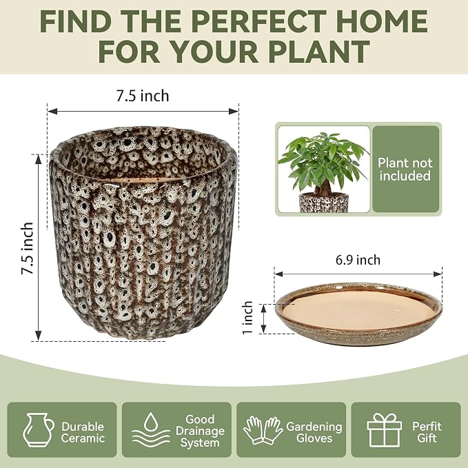 7.5 Inch Ceramic Planter Pot with Saucer Drainage Leak-Proof Mesh,Flower Pots for Indoor Plants with Gardening Gloves,Ceramic Planter(Spotted-White)