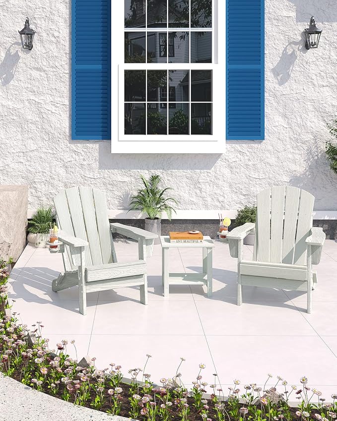 GarveeLife Folding Adirondack Chair Set of 4, All-Weather HDPE Outdoor Chair, Wooden Textured with Cup Holder for patios, Decks, Gardens, fire pits, White