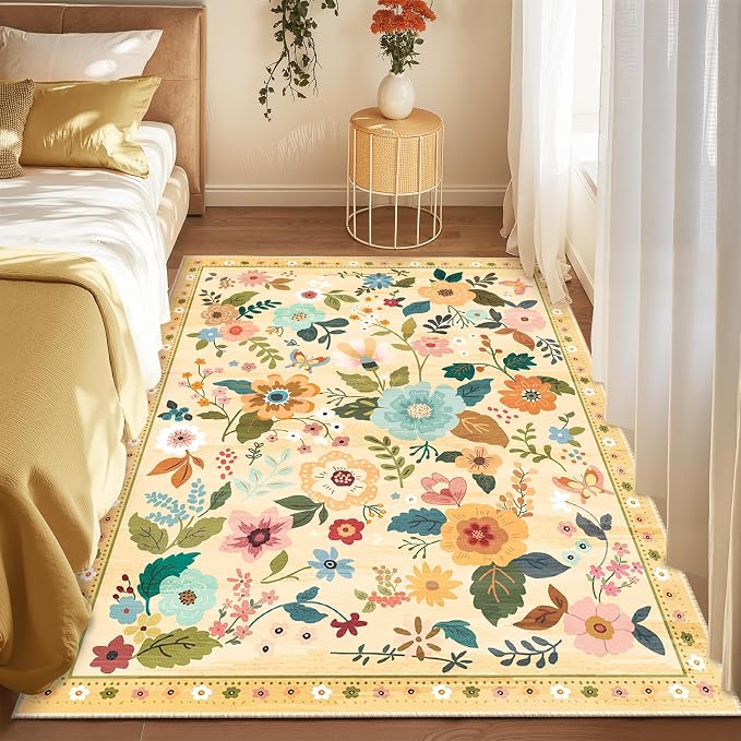 RELEANY Floral Washable 5x7 Area Rugs Yellow/Orange | Flower Carpet, Print, Boho, Non-Slip, Easy to Clean, Soft, Low Pile for Living Room Bedroom Kitchen Office Entryway Hallway