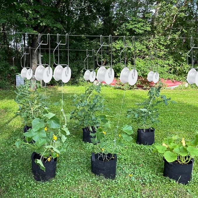 Tomato Support Hooks with String,20 Pack Tomato Trellis Roller Hooks with 49.2FT String for Plant,Greenhouse Tomato Flower Vine Twine Crop Trellis Kit Plant Roller Hook