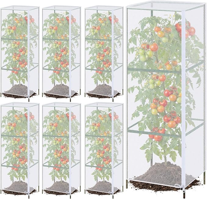 6 Pack Tomato Cage Covers, 18" x 60" Fine Mesh Plant Covers with Zipper & Drawstring, Reusable Garden Netting Protector Against Birds, Insects & Animals for Tomatoes, Peppers, Cucumbers