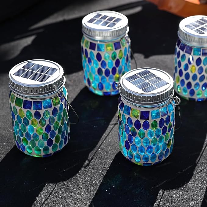 Cooo 3 Pack Mosaic Lanterns Outdoor Waterproof with 215% Larger Solar Panel, Never Rust Lids, True Capacity Battery- Solar Mason Mosaics Jar Lantern for Patio Garden Yard Balcony Christmas Decorations
