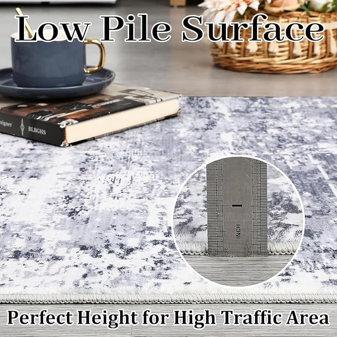 ROYHOME Modern Abstract 2x8 Runner Rug Washable,Light Grey | Non Slip Stain Resistant Rug for Hallway Kitchen Bedroom Non Shedding Low Pile Indoor Floor Cover