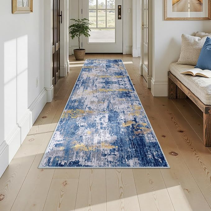 RELEANY Washable Runner 2'6"x10' Abstract Area Rug for Hallway Blue Gold | Carpet for Kitchen, Entryway, Bathroom, Living Room, Bedroom, Printed Pattern, Non‑Slip, Soft, Stain‑Resistant, Easy to Clean