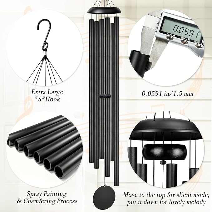 80" Extra Large Wind Chimes with Outside Deep Tone, 6 Thick and Bold Aluminum Tubes, Coolest Metal Windchimes Outdoor Wind Chime, Unique Gift for Mom Women Grandma Neighbors, Garden Decoration(Black)