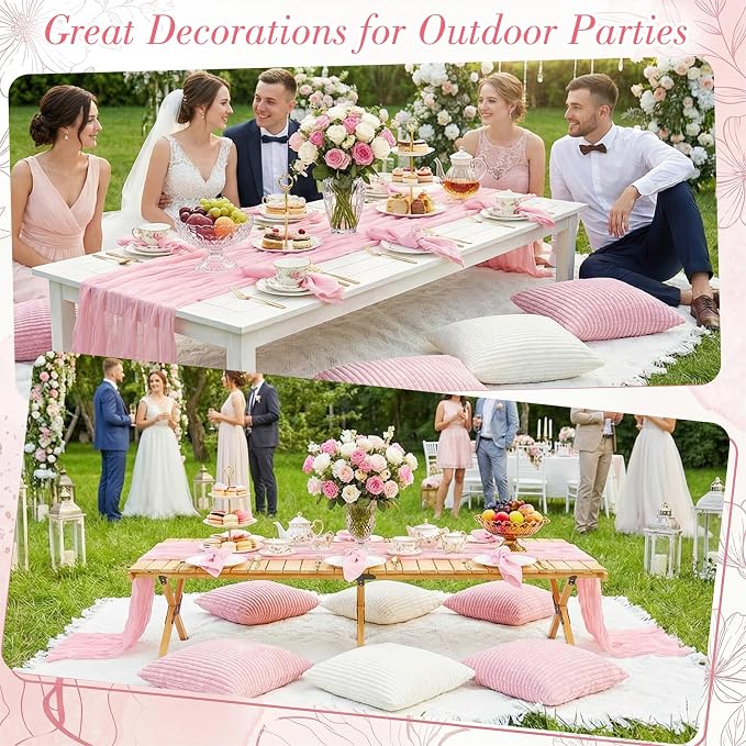 91 x 71 Extra Large Outdoor Boho White Picnic Blanket with Pink Table Runner, 6 Napkins and 6 Throw Pillow Covers Table Decor for Beach Picnic Camp Wedding Party Birthday Baby Shower