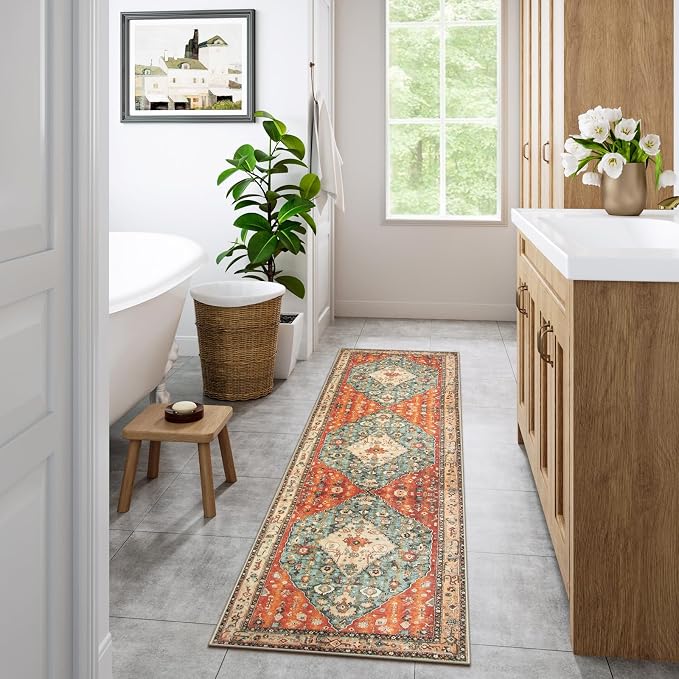 Lahome Felice Boho Tribal Runner Rug - 2x7 Hallway Kitchen Runner Rug Washable Bathroom Laundry Mat Faux Wool Non-Slip Floor Carpet for Entryway Bedroom Living Dining Room,Rust/Dull Teal