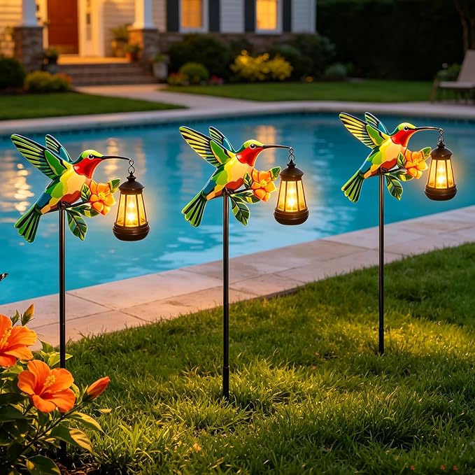 2 Pack Hummingbird Solar Garden lights Outdoor Waterproof, Gifts for Women Mom Grandma Daughter, Stake lights with Solar Lantern, Hanging Solar Lights, Solar Path Light Yard Outside Patio Garden Decor