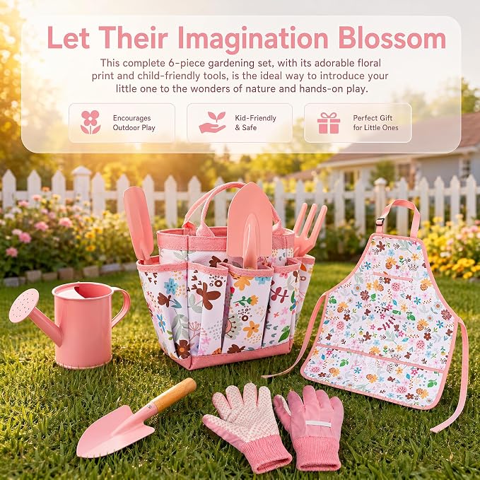 Ecolley Kids Gardening Tool Set Toys - 7 Pieces Quality Garden Kit for Toddlers & Kids with Shovels, Rake, Watering Can, Apron, Gloves & Storage Bag (Pink Flower)