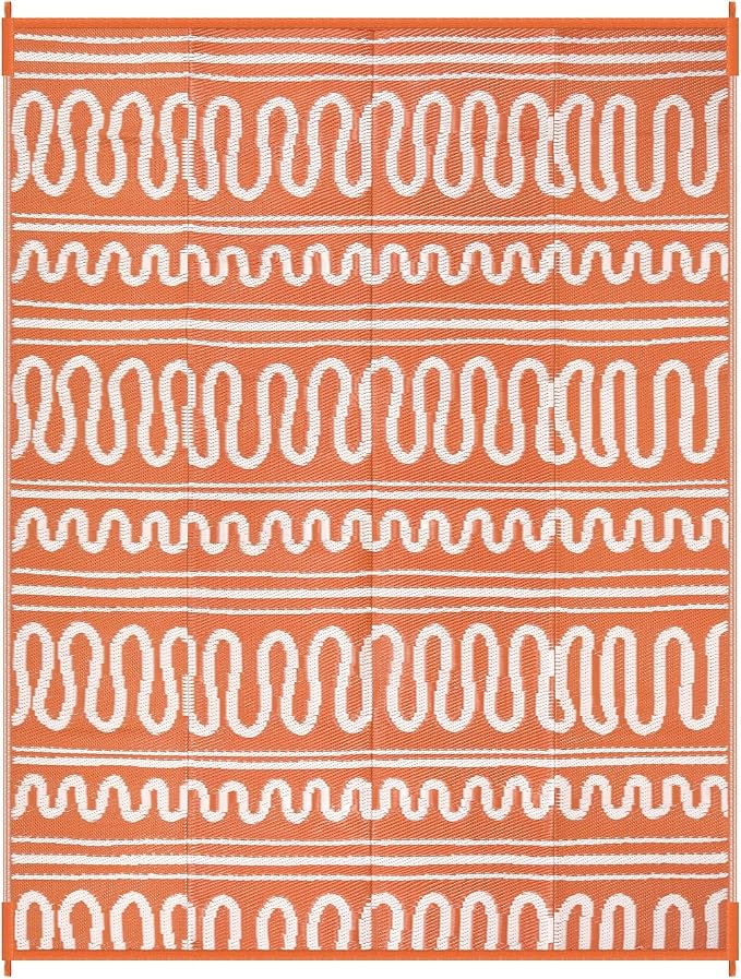 Beeiva Boho Outdoor Rug 8x10 Waterproof for Patio, Reversible Plastic Straw Rug for RV Camping, Deck, Balcony, Backyard, Orange