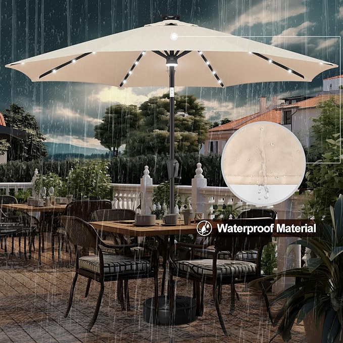FLAME&SHADE 10 FT Solar Light Patio Umbrella, 40 LED Lights Outdoor Umbrella with Centre Surround Light, Table Market Umbrella for Deck, Pool, Porch, Backyard, Garden, UV Protection, Beige