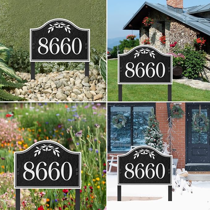 Yard Address Sign - Personalized Address Plaque,House Number Yard Sign,House Numbers for Outside,Lawn,Yard,Ground with 2 Stakes (Black/Silver)